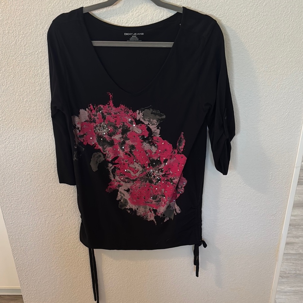 DKNY Black and Pink 3/4 Sleeve Graphic Blouse